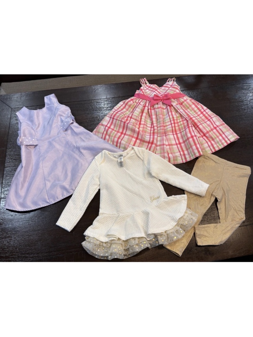 Girls Dress Lot - Pink Plaid, Lavender, White with Gold Leggings